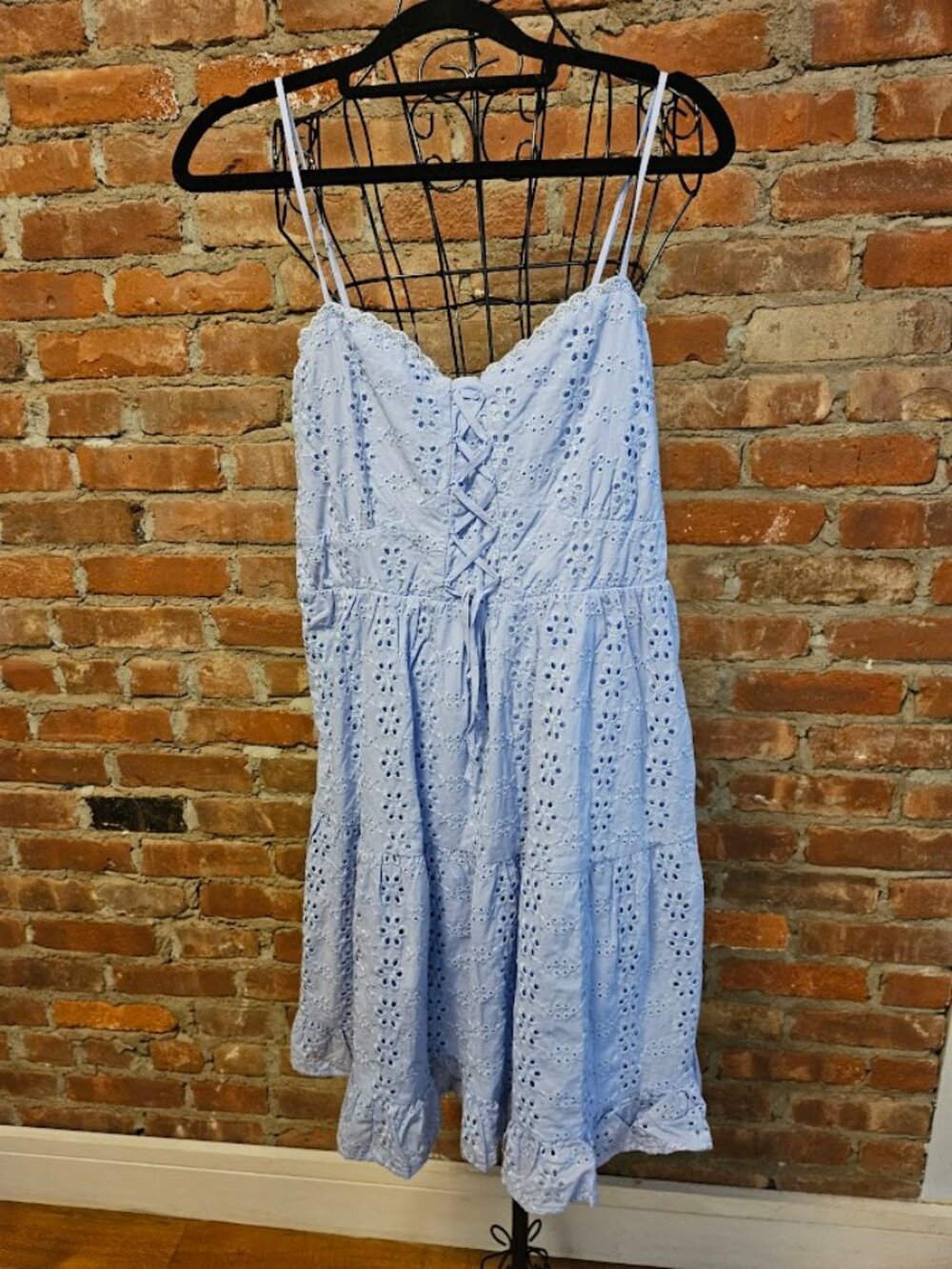 Mi Ami Sky Blue Cotton Eyelet Dress with Shirred Back and Lace up Bodice Med NWT